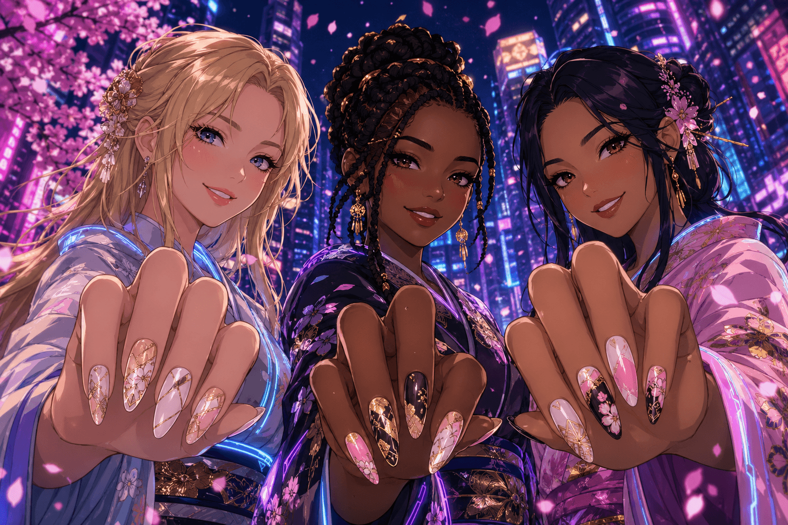 東京の夜とネイル、世界中から訪れるお客様のイメージ